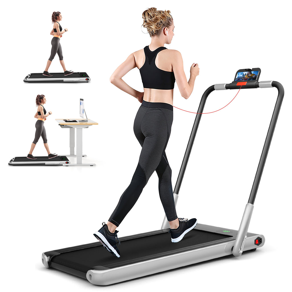 2-in-1 Folding Under Desk Treadmill - Electric Walking & Running Machine with Quiet Motor, Shockproof Belt, Folding Rail & Phone Holder, Portable with Wheels, for home\u002FOffice Use, 265 Weight Capacity, Space-Saving (AC Power, Plug)