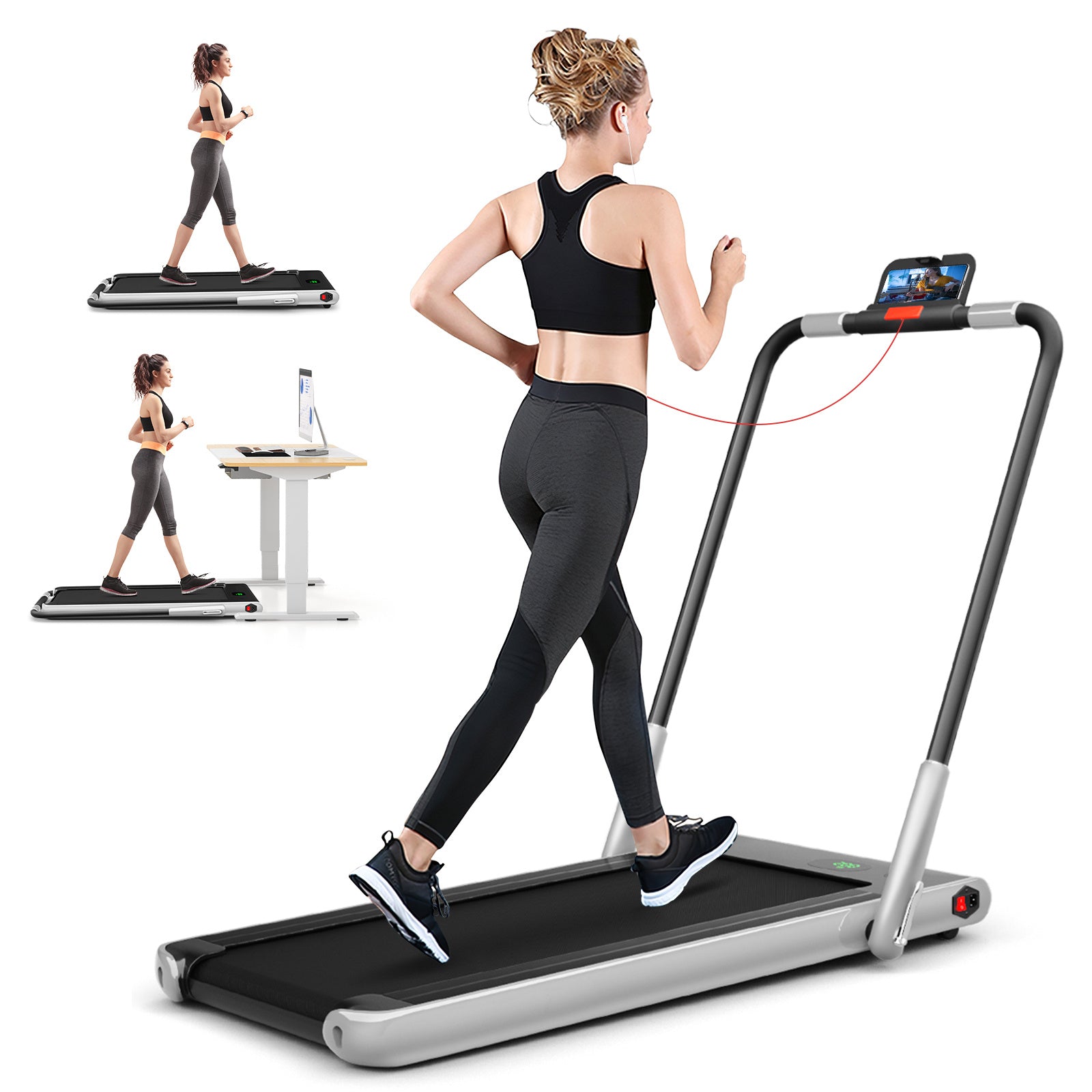 2-in-1 Folding Under Desk Treadmill - Electric Walking & Running Machine with Quiet Motor, Shockproof Belt, Folding Rail & Phone Holder, Portable with Wheels, for home\u002FOffice Use, 265 Weight Capacity, Space-Saving (AC Power, Plug)