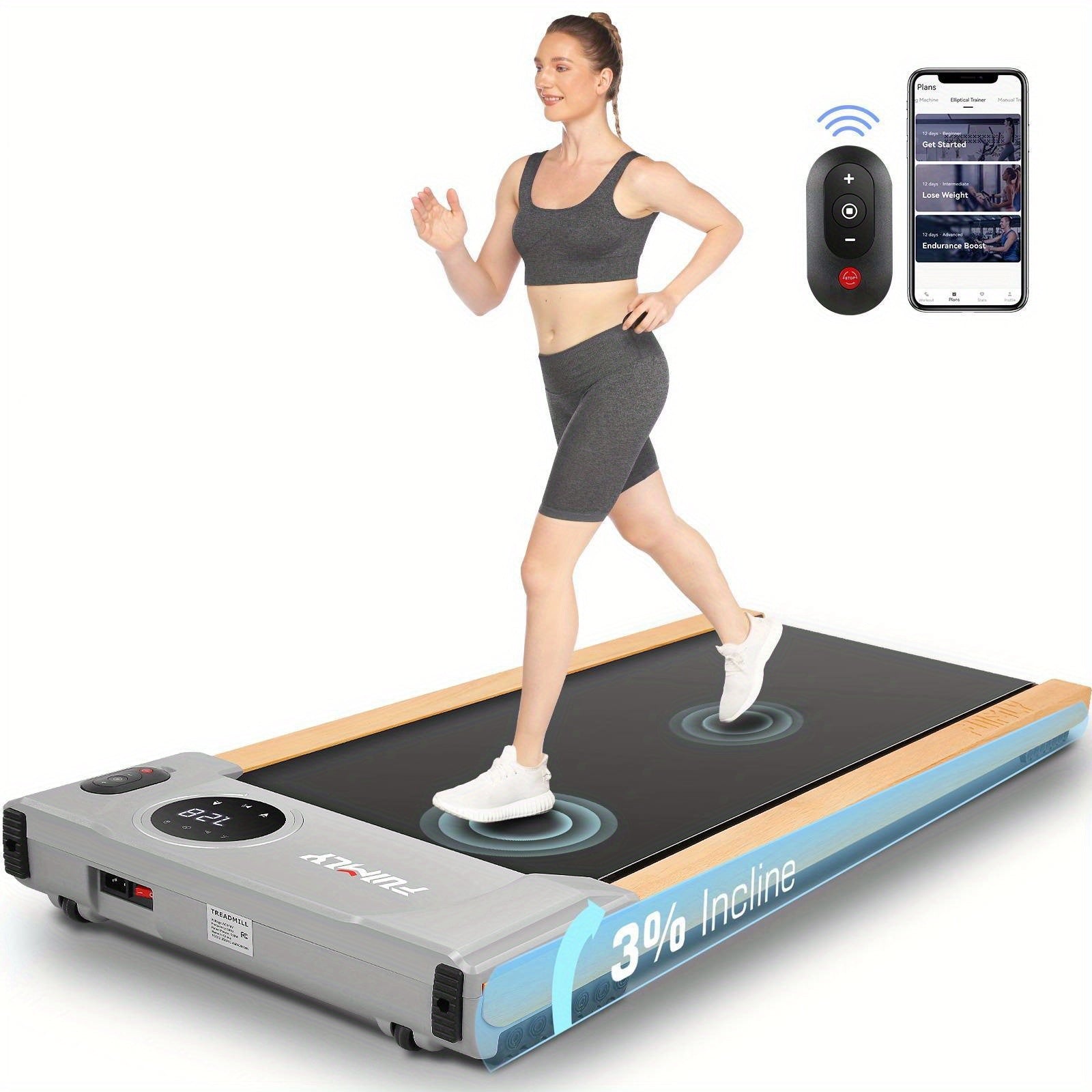 Walking Mat Treadmill with Incline, 2.5HP Wooden Under Desk Treadmill with Smart APP, 300 Lb Capacity, Portable Walking Treadmill with Remote Control And LED Display