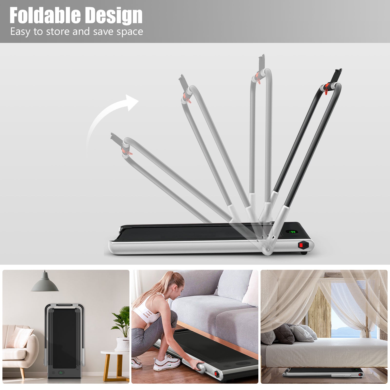 2-in-1 Folding Under Desk Treadmill - Electric Walking & Running Machine with Quiet Motor, Shockproof Belt, Folding Rail & Phone Holder, Portable with Wheels, for home\u002FOffice Use, 265 Weight Capacity, Space-Saving (AC Power, Plug)