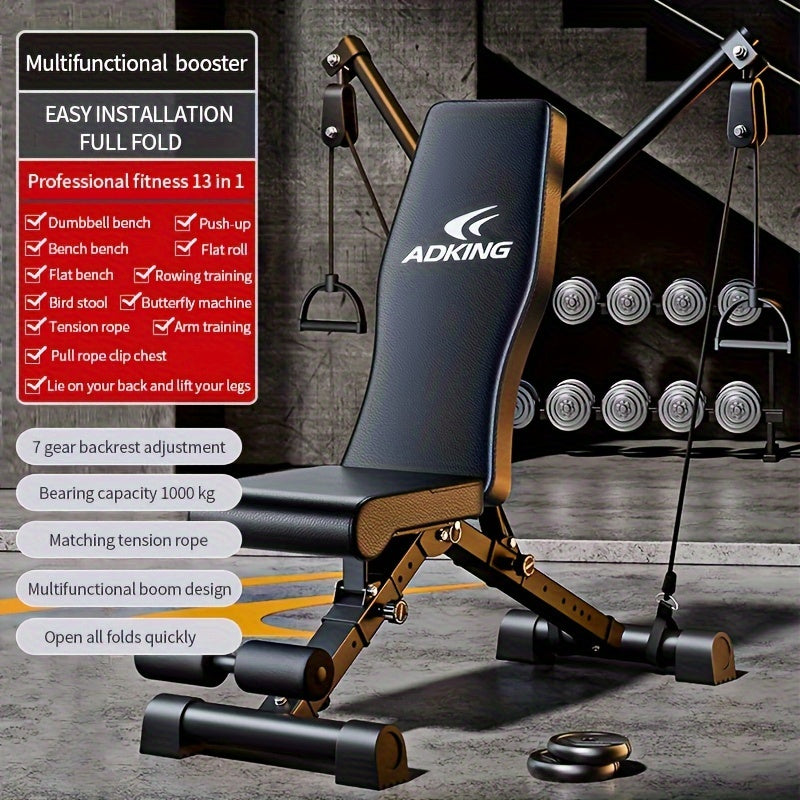 Folding Dumbbell Stool, Multi-function Exercise 13in 1 Home Strength Training Exercise Chair, Bench Press Sit-up AIDS, Men's Barbell Bird Folding Multi-function Stool, Suitable for Home Gym, Adjustable Arm And Tension Rope