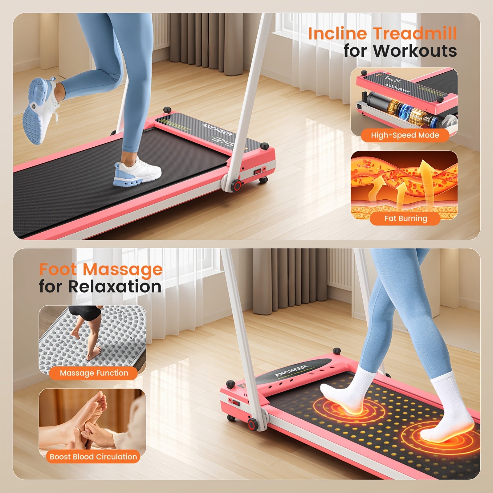 Foldable Walking Pad Treadmill with Foot Massager & Dual-Sided Incline - Motorized Belt Suitable for Home\u002FOffice, Adjustable Speed (0.6-7.5MPH), Handle Bar, Compact for Small Spaces, Plug (No Required)