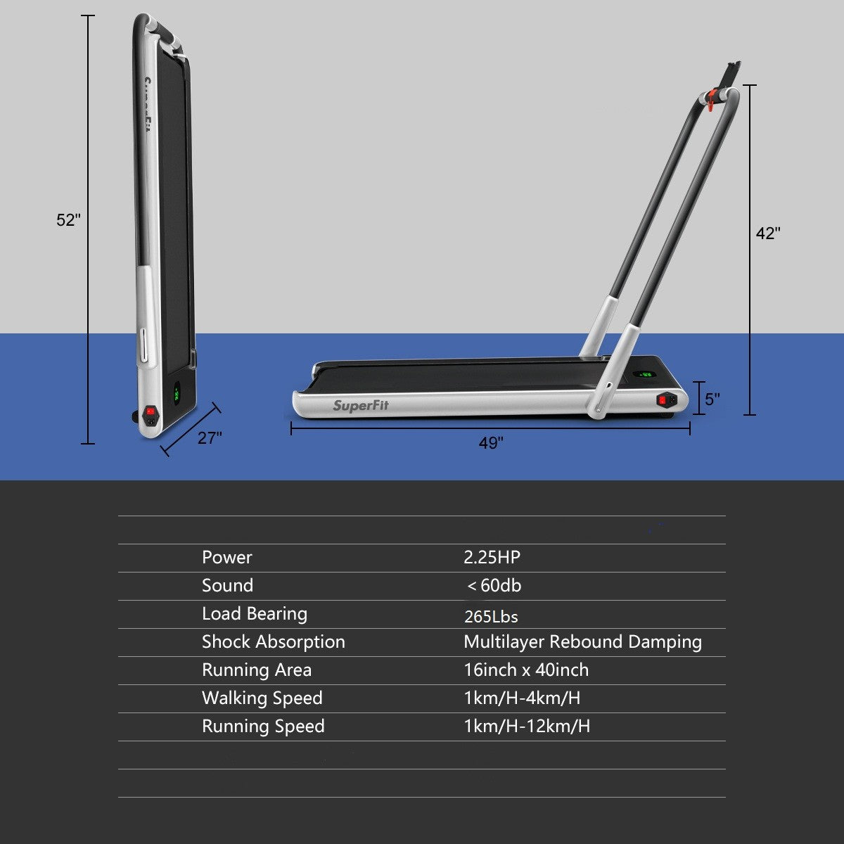 2-in-1 Folding Under Desk Treadmill - Electric Walking & Running Machine with Quiet Motor, Shockproof Belt, Folding Rail & Phone Holder, Portable with Wheels, for home\u002FOffice Use, 265 Weight Capacity, Space-Saving (AC Power, Plug)