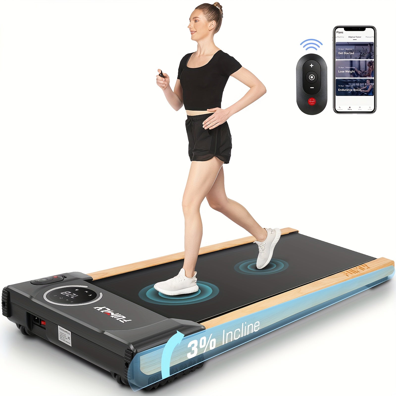 Walking Mat Treadmill with Incline, 2.5HP Wooden Under Desk Treadmill with Smart APP, 300 Lb Capacity, Portable Walking Treadmill with Remote Control And LED Display