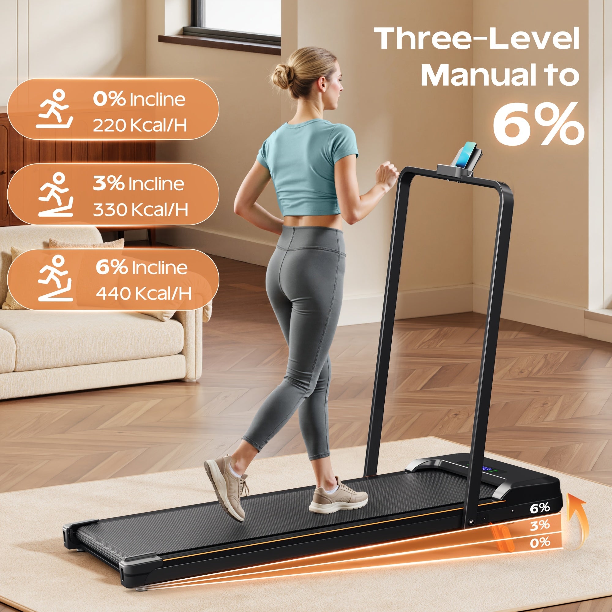 KERDOM 4 in 1 Climbing Treadmill Featuring a Handrail And Handlebar, a Quiet Running Pad with a 6% Incline Suitable for Home Gym Workouts, Equipped with an LED Display And Phone Holder, a Portable Folding Walking Pad That Saves Space for Office Use