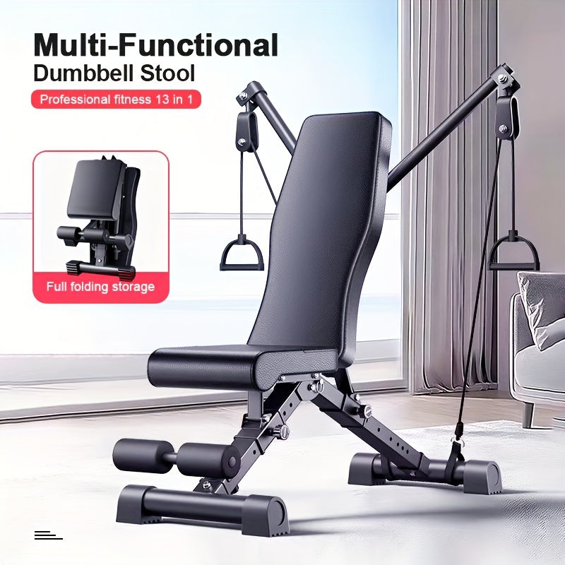 Folding Dumbbell Stool, Multi-function Exercise 13in 1 Home Strength Training Exercise Chair, Bench Press Sit-up AIDS, Men's Barbell Bird Folding Multi-function Stool, Suitable for Home Gym, Adjustable Arm And Tension Rope